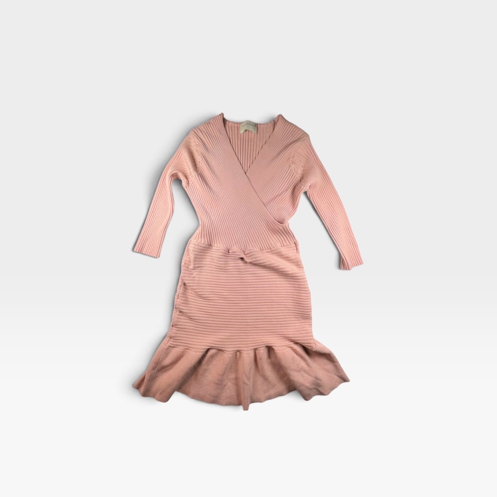 Arrogant Cat London Y2K Pink Ribbed Knit Sweater Dress Wrap Ruffle Hem UK 14